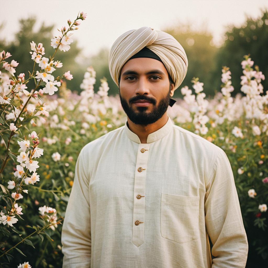 Man in Cream Traditional Outfit in Flower Field