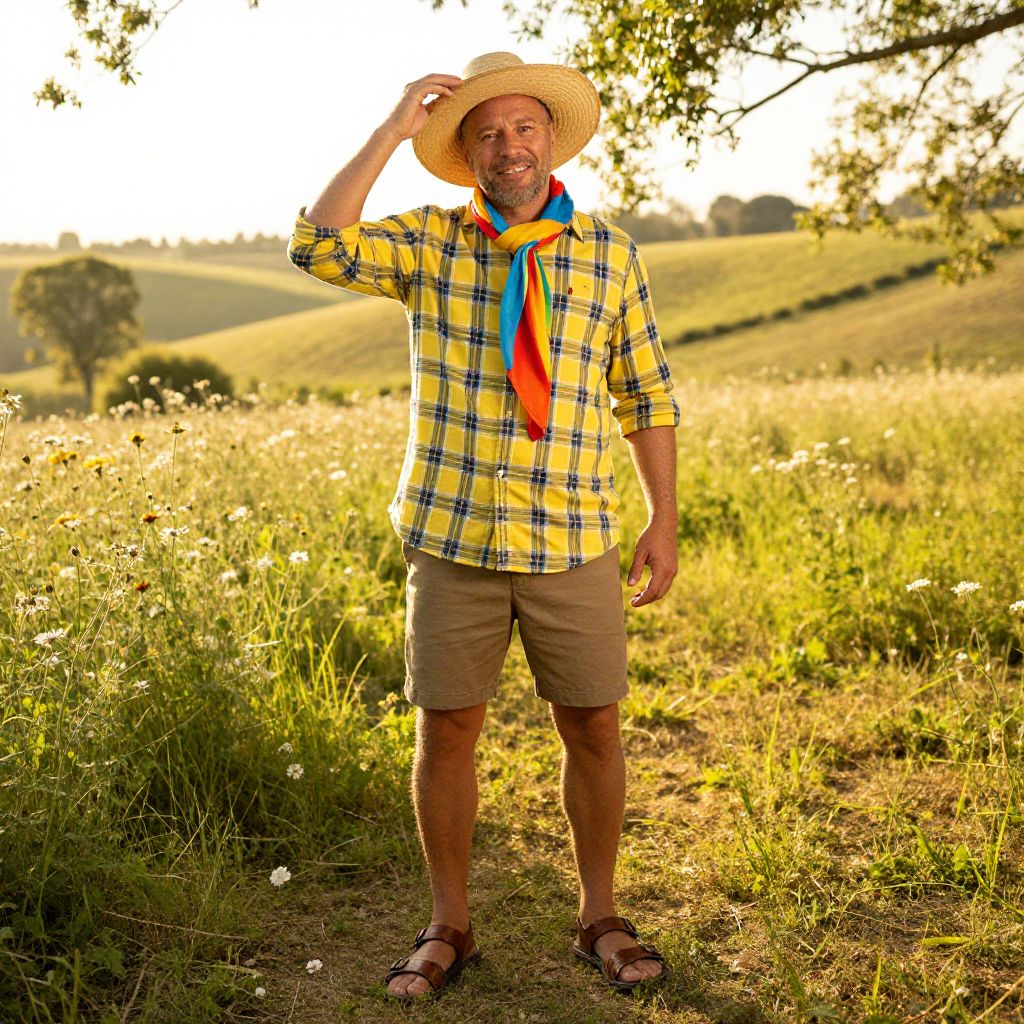 Cheerful Man in Straw Hat and Plaid Shirt Standing on Countryside Path