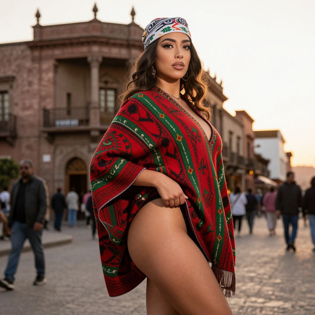 Woman in Red Green Poncho and Headscarf on Historic Street