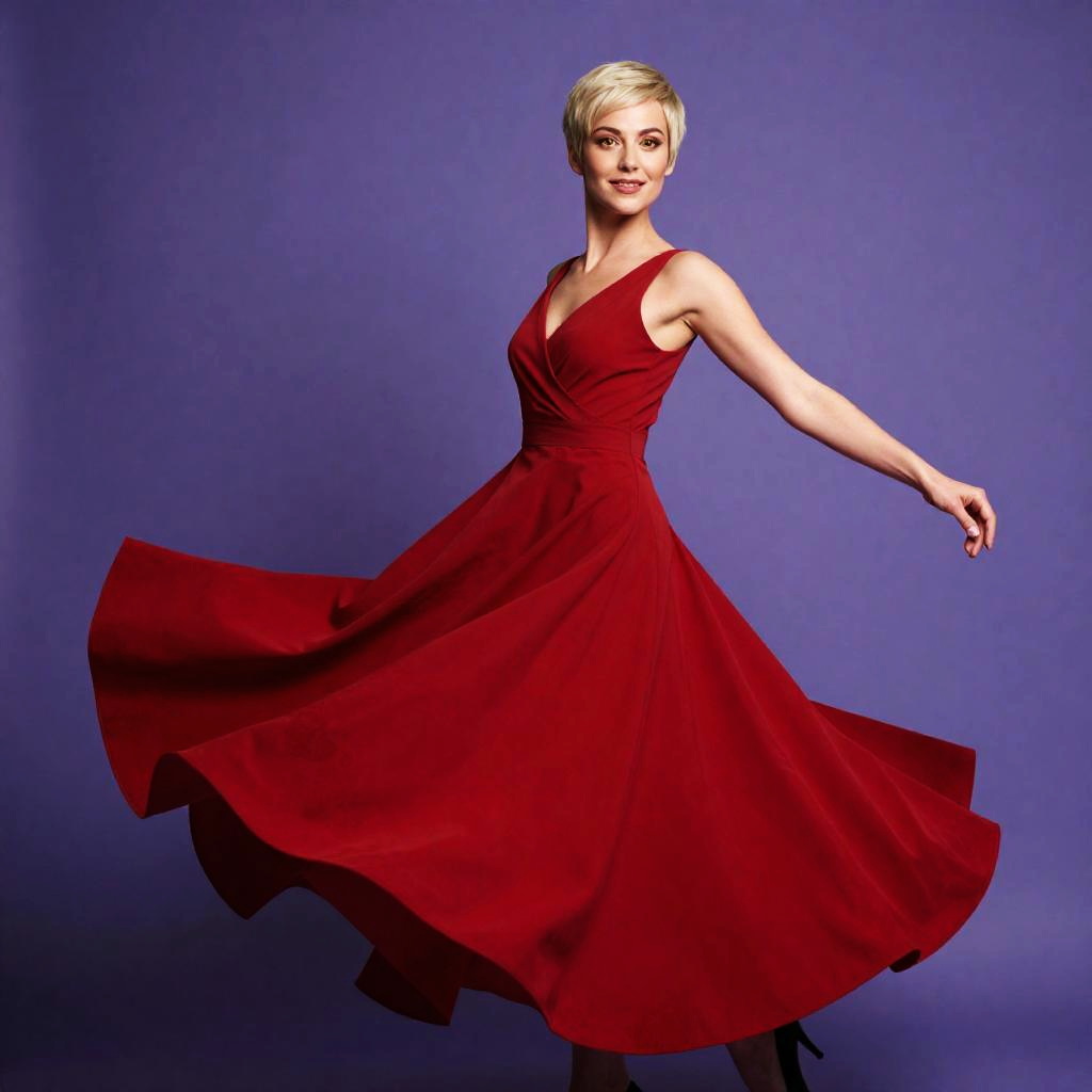 Woman Twirling in Elegant Red Dress on Purple Background