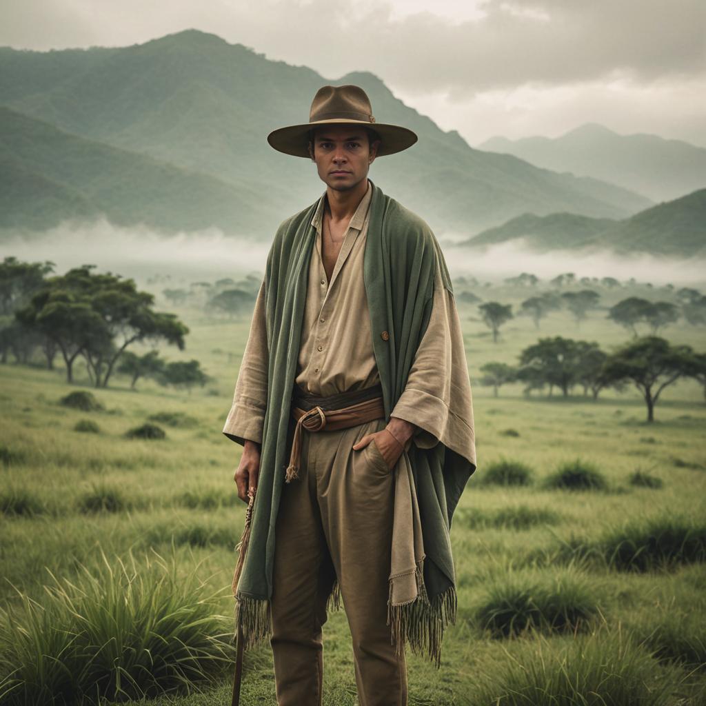 Confident Gaucho in Grassy Field with Mountains