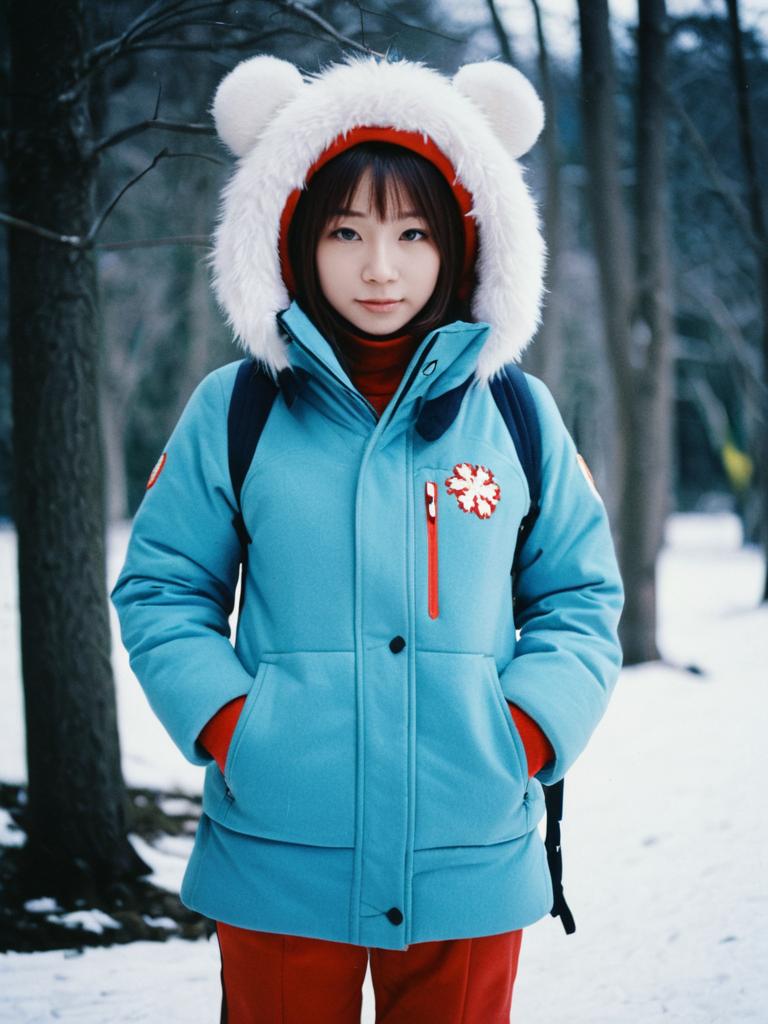 Woman in Blue Winter Coat with Fluffy Hood Inspired by Uraraka Winter Costume