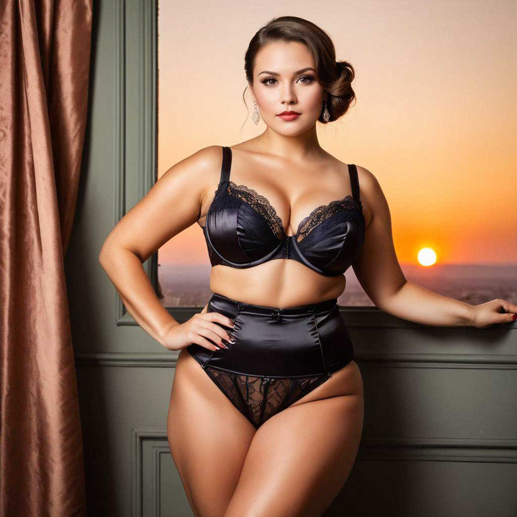 Confident Woman in Elegant Black Lingerie at Sunset