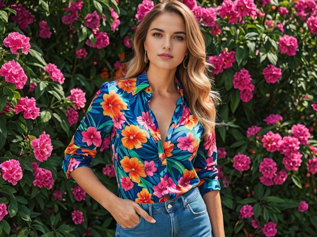 Confident Woman in Floral Shirt Among Blooming Flowers