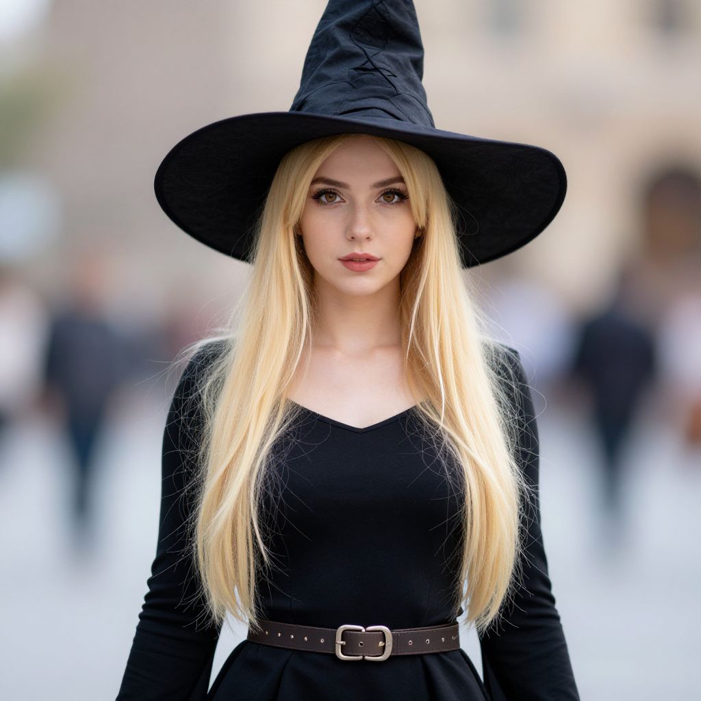 Young Blonde Woman Wearing Witch Hat and Black Dress