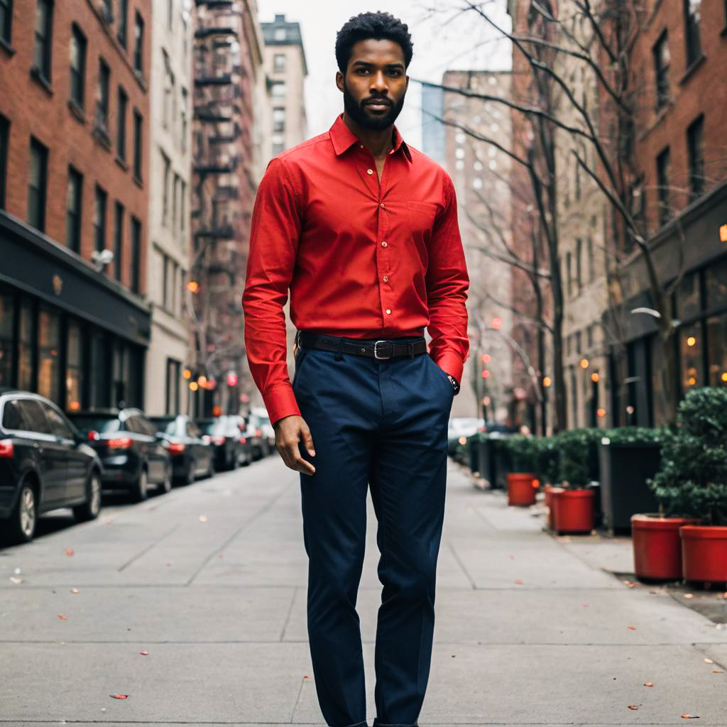 Stylish Man in Red Shirt on City Street