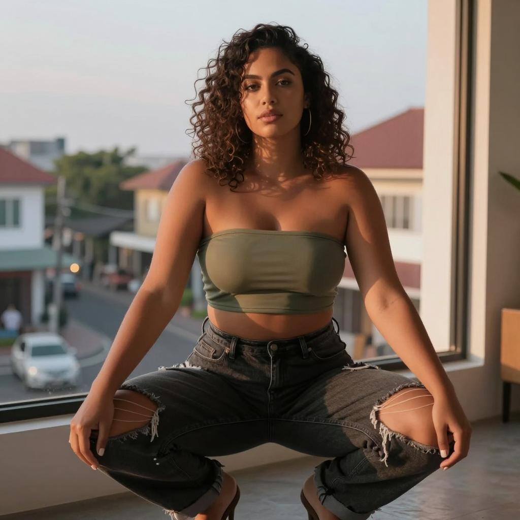 Confident Woman in Green Tube Top and Ripped Jeans Indoors