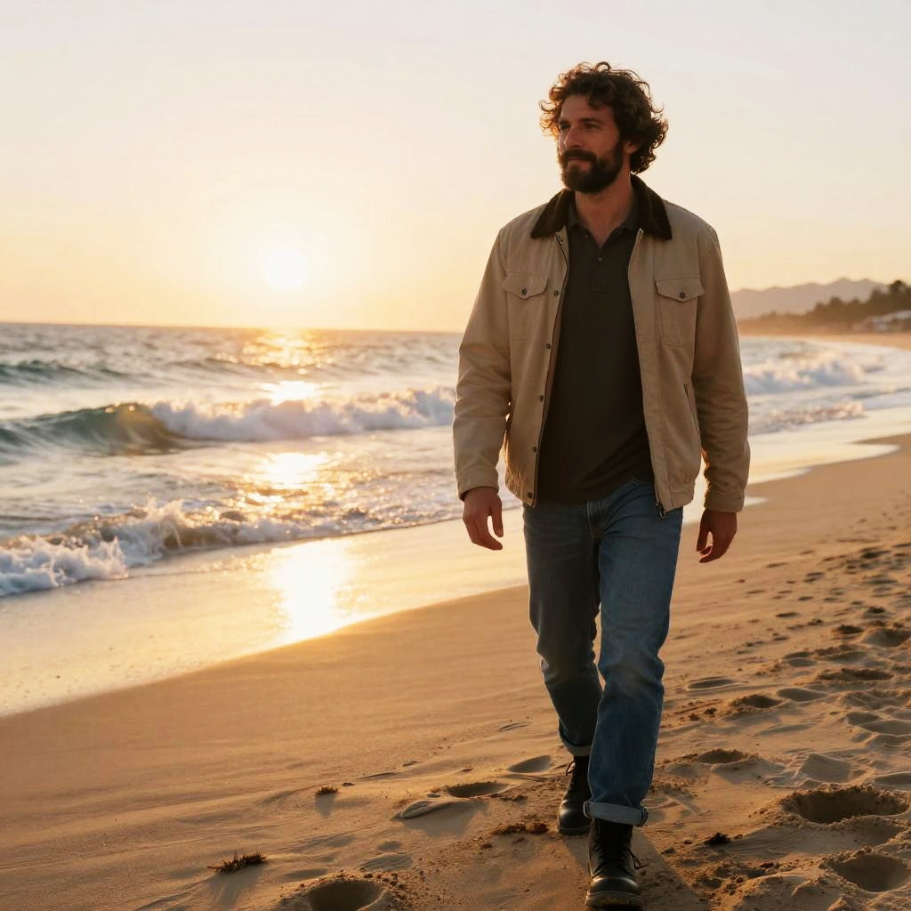 Man Walking on Beach at Sunset Casual Style