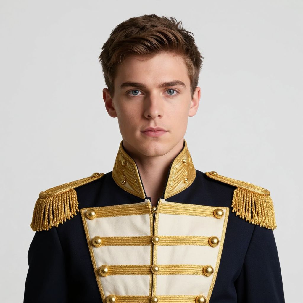 Portrait of Young Man in Navy Blue and Gold Military-Style Jacket