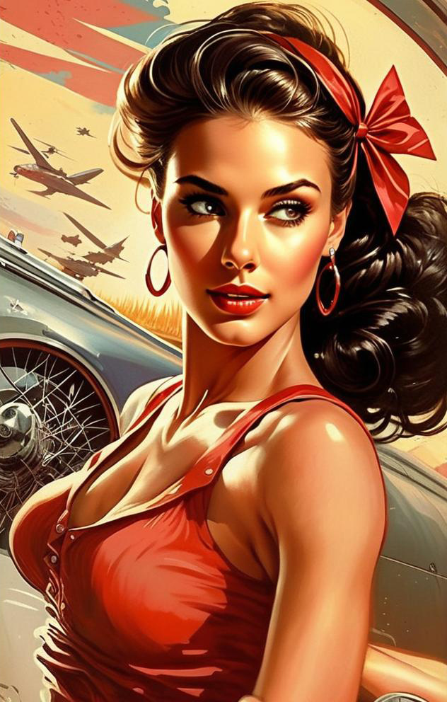 Confident Woman in Retro Style with Classic Car and Airplanes