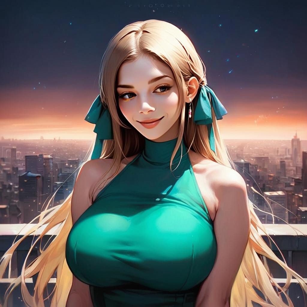Anime-Style Woman with Blonde Hair and Teal Outfit Over Cityscape at Sunset