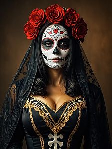 Woman in La Muerte Costume with Sugar Skull Makeup and Red Rose Crown