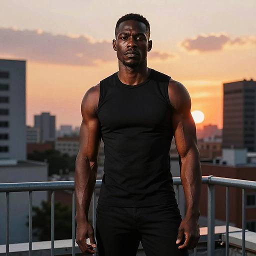 Fit Man on Rooftop at Sunset in Black Sleeveless Shirt