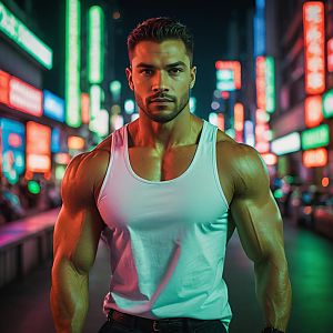 Muscular Man in Neon Urban Setting