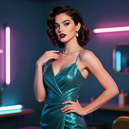 Glamorous Woman in Shimmering Teal Dress with Retro Hairstyle and Neon Lights