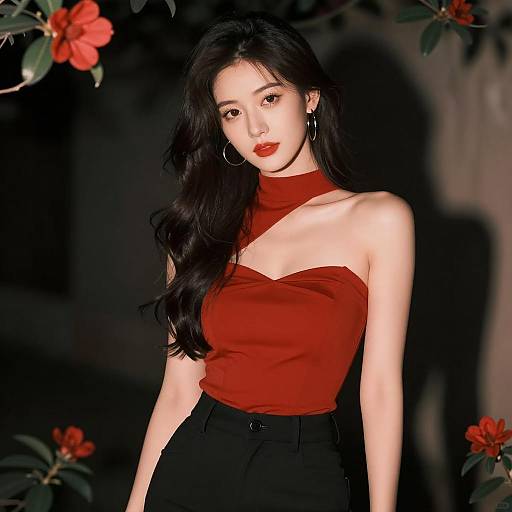 Young Woman in Elegant Red Top and Black Pants Fashion Portrait