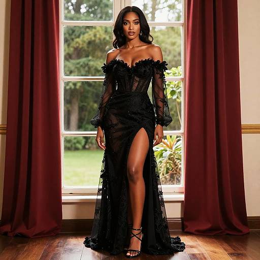Elegant Woman in Black Sheer Evening Gown with Thigh-High Slit