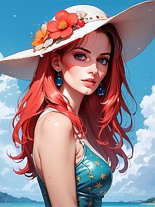 Vibrant Woman with Red Hair in Floral Hat and Teal Dress