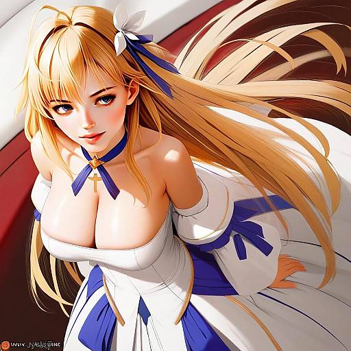 Anime Illustration of Blonde Woman in White and Blue Fantasy Outfit
