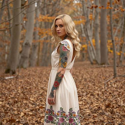 Blonde Woman with Floral Tattoos in Autumn Forest Wearing Embroidered Dress