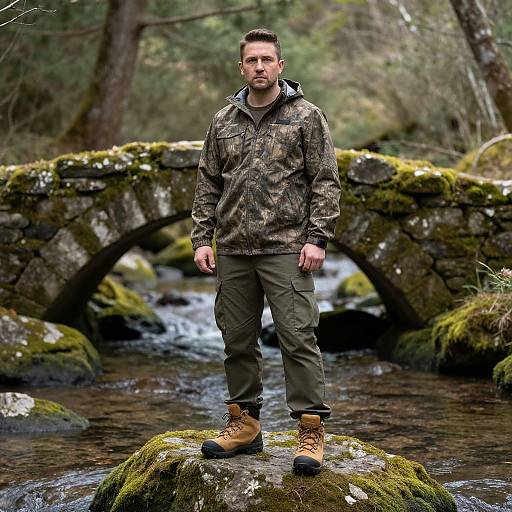 Man in Camouflage Jacket and Cargo Pants Standing on Rock by Stone Bridge in Forest