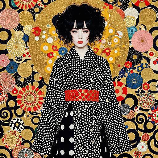 Woman in Polka Dot Kimono with Klimt-Inspired Gold Background