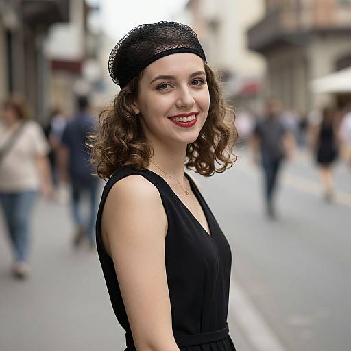 Young Woman in Stylish Black Dress Smiling on City Street