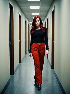 Confident Woman Walking in Office Corridor with Red Pants and Black Top
