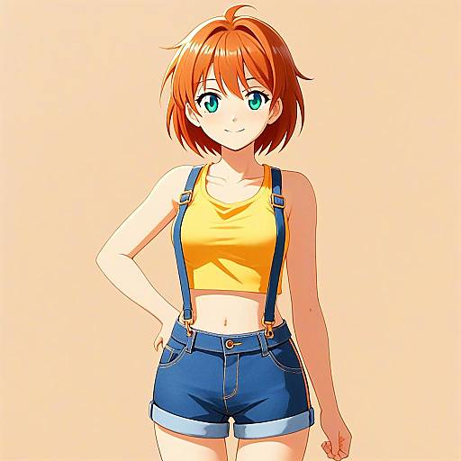 Anime Style Young Woman in Yellow Crop Top and Denim Shorts
