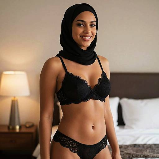 Confident Woman Wearing Black Lace Lingerie and Hijab in Bedroom