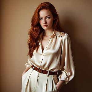 Elegant Portrait of Red Haired Woman in Satin Blouse and Cream Trousers