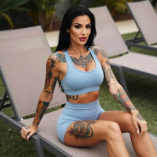 Tattooed Woman in Light Blue Sportswear Sitting on Lounge Chair Outdoors