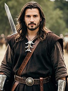 Medieval Warrior Man in Leather Armor with Sword Outdoors