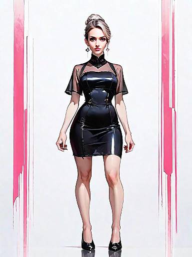 Realistic Comic Style Illustration of Woman in Black Latex Dress Full Body