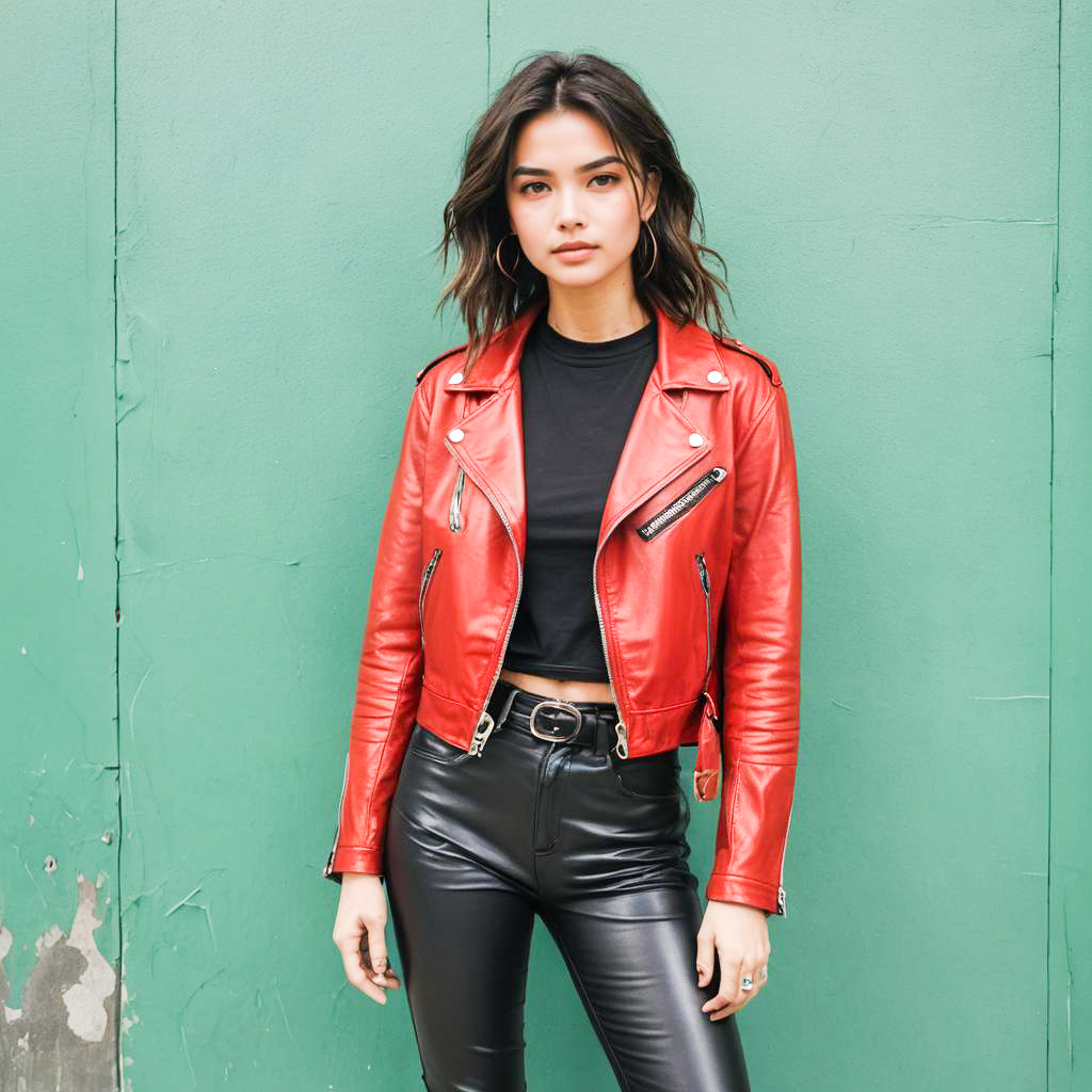 Stylish woman in red leather jacket against green wall
