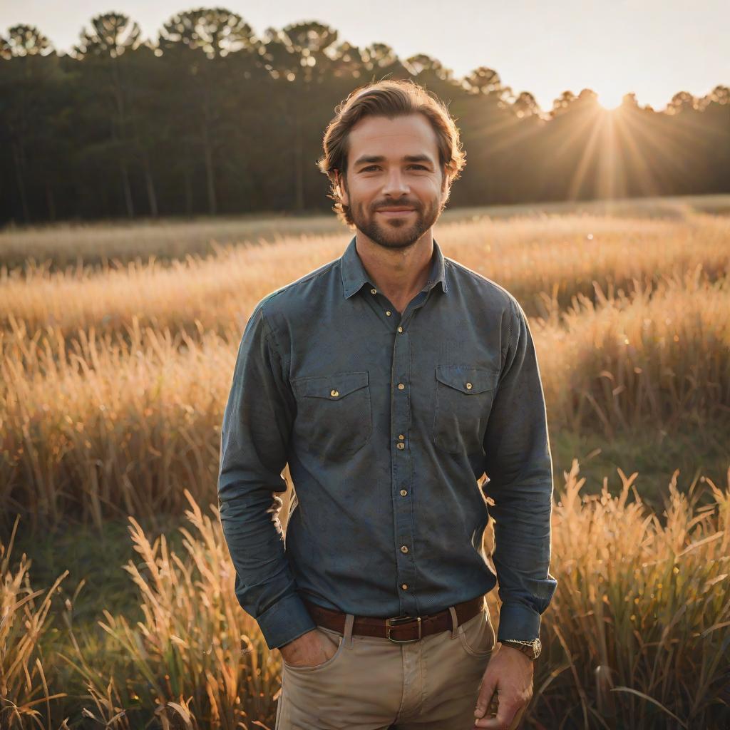 Confident man in sunlit field at golden hour Confident man in sunlit field at golden hour