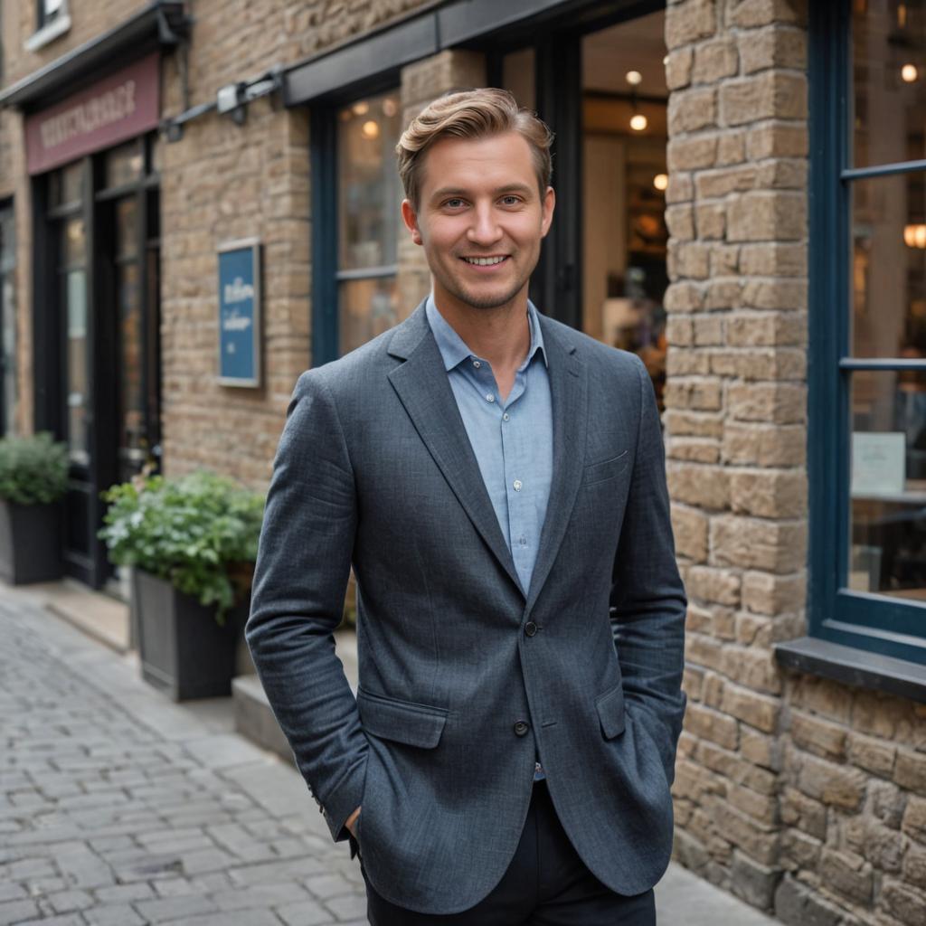 Stylish man in gray blazer on cobblestone street