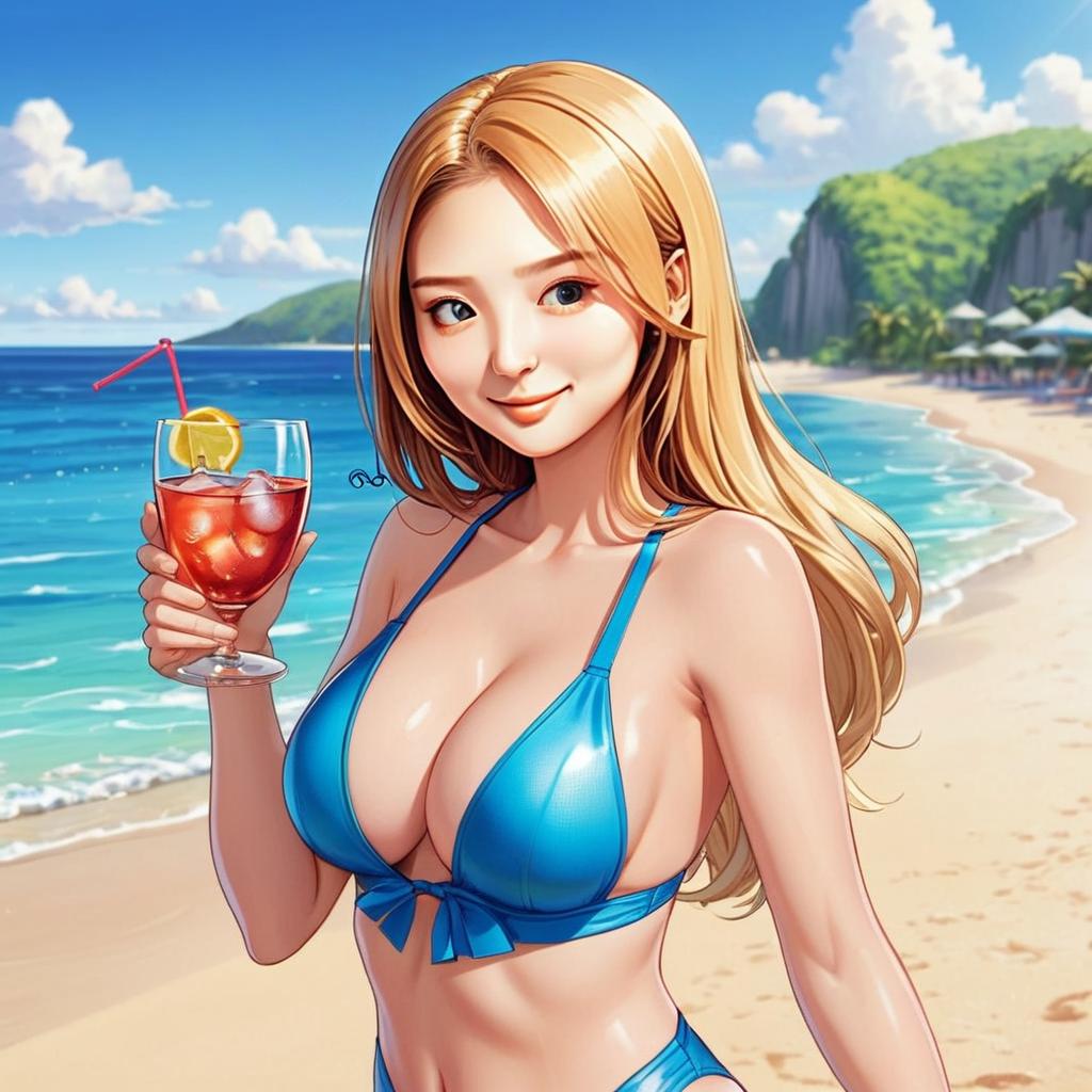 Anime Style Blonde Woman in Blue Bikini Holding Cocktail on Sunny Tropical Beach