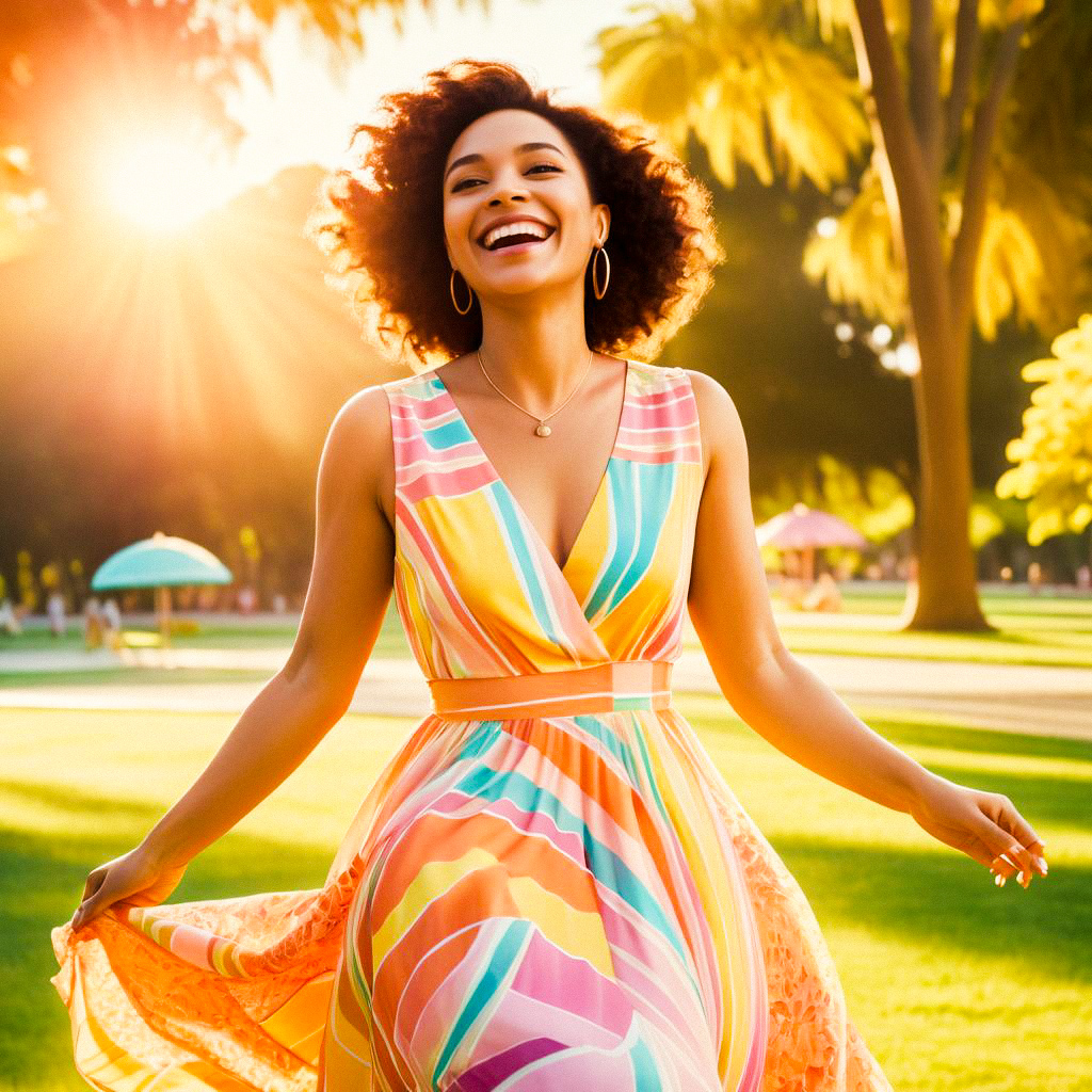 Joyful Woman Strolling in Sunlit Park