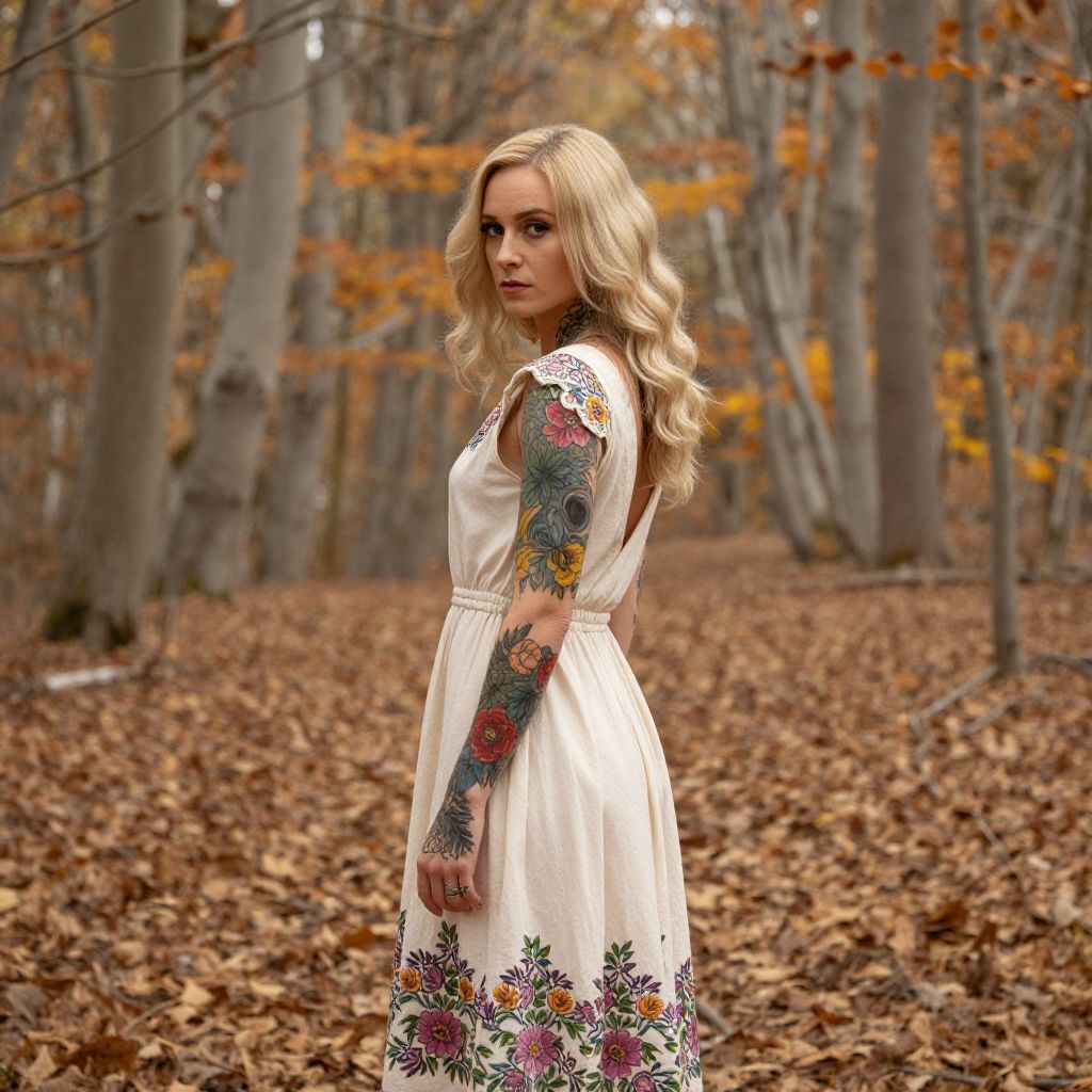 Blonde Woman with Floral Tattoos in Autumn Forest Wearing Embroidered Dress