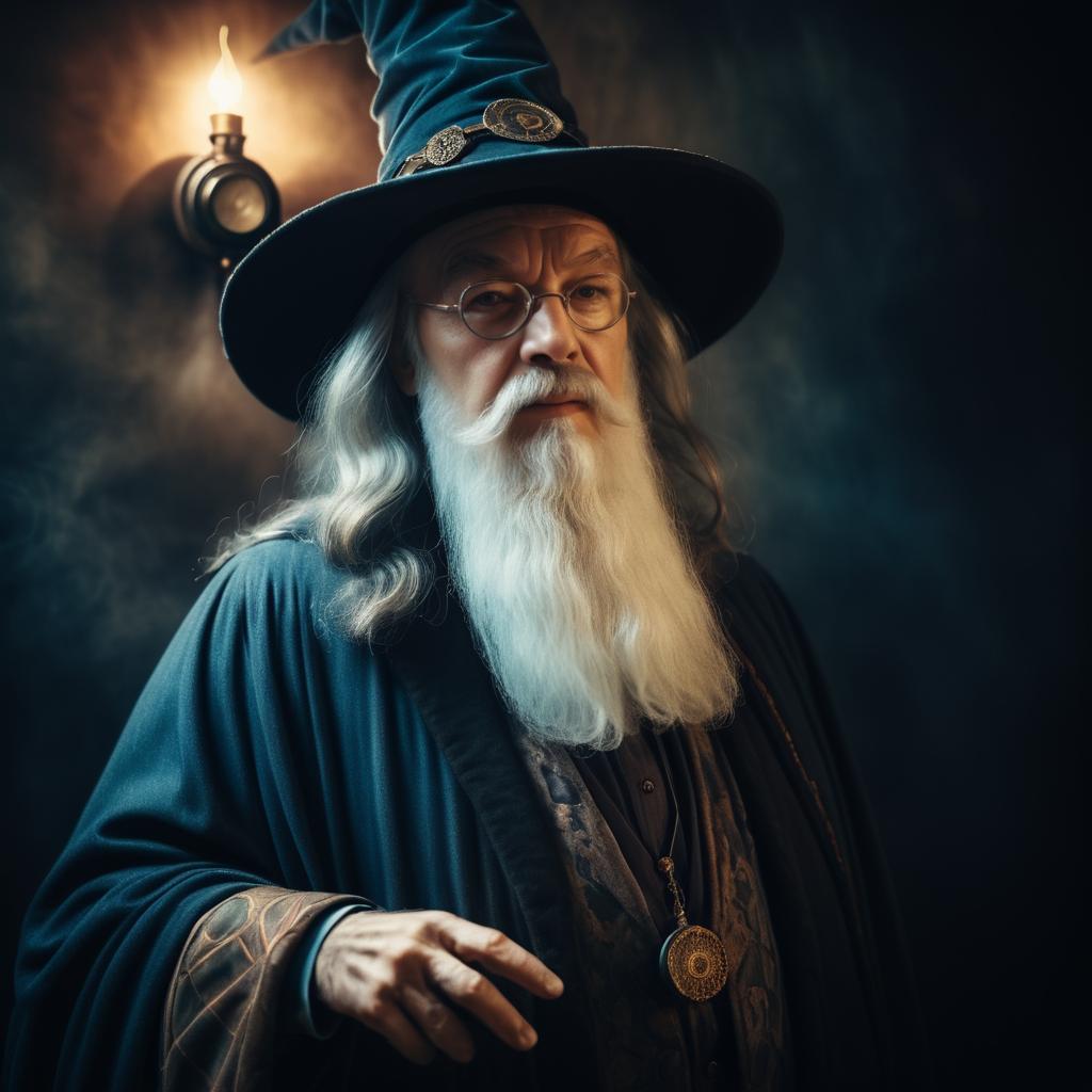 Elderly Wizard Portrait with Majestic Hat and Robe