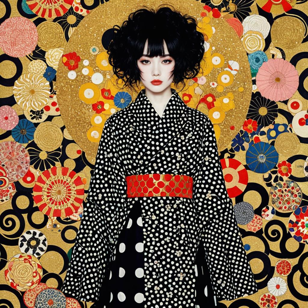 Woman in Polka Dot Kimono with Klimt-Inspired Gold Background