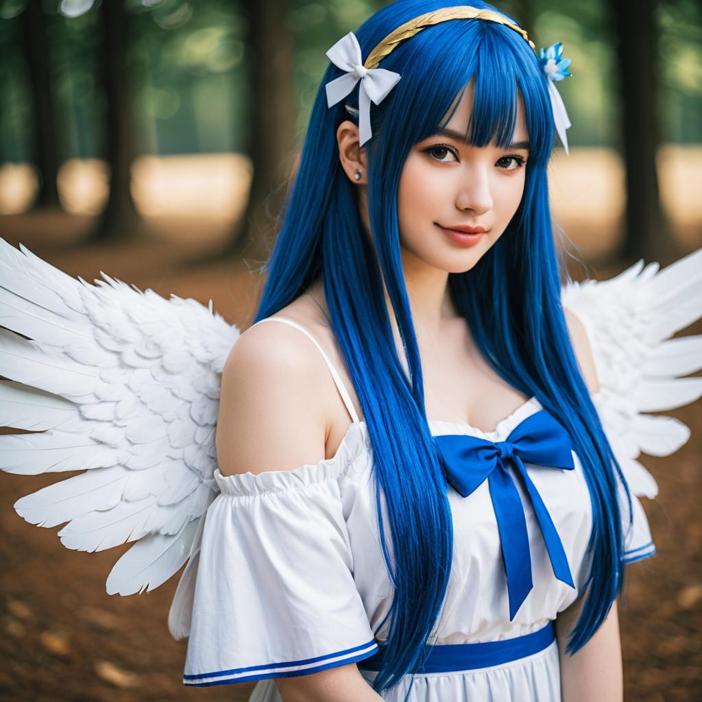 Anime Style Cosplay Woman with Blue Hair and Angel Wings
