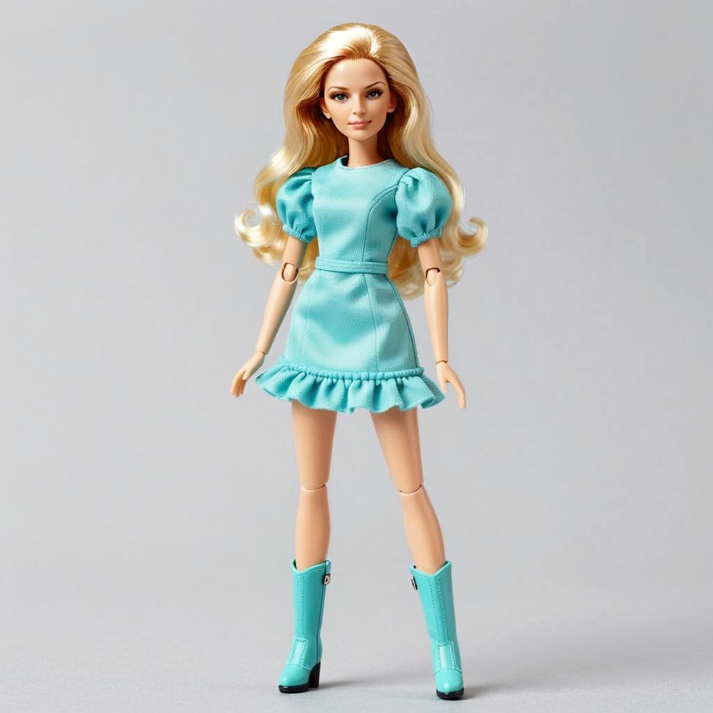 Fashion Doll in Light Blue Puff Sleeve Dress with Boots