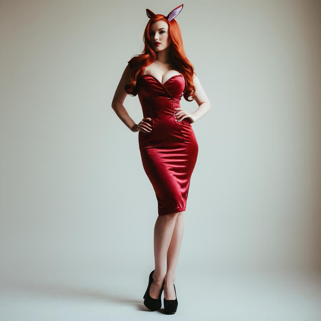 Woman in Elegant Red Velvet Dress with Fox Ears Posing Fashionably