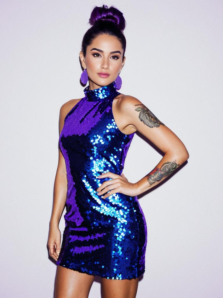 Woman Party Ready Sequined Mini Dress in Vibrant Purple and Blue