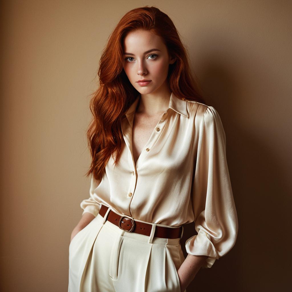 Elegant Portrait of Red Haired Woman in Satin Blouse and Cream Trousers