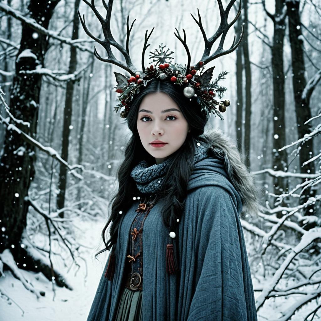 Winter Fantasy Woman in Antler Crown and Cloak in Snowy Forest