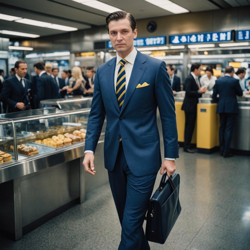 Elegant Man in Blue Suit and Yellow Tie in Subway