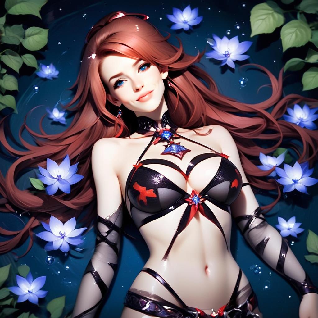 Fantasy Illustration of Woman with Red Hair Among Glowing Blue Lotus Flowers